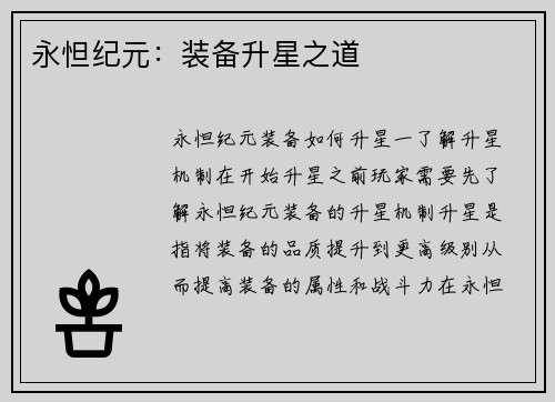 永怛纪元：装备升星之道