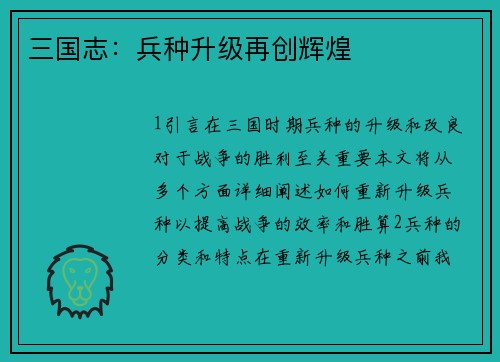 三国志：兵种升级再创辉煌